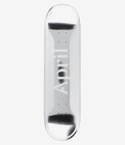 April OG Logo 8,125" Skateboard-Deck, Ansicht von unten – reflektierende weiße/silberne Unterseite mit großem weißem „April“-Schriftzug in der Mitte; keine weiteren Grafiken. Klares Studiobild; weißer Hintergrund.
