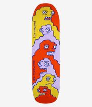 Toy Machine Templeton Glob Shaped 9" Skateboard Deck — full bottom view showing multicolor underside with stacked cartoon monster faces in yellow, lavender and red outlined in blue; 'Toy Machine' and 'Ed Templeton' vertical text. Clean studio image; white background.
