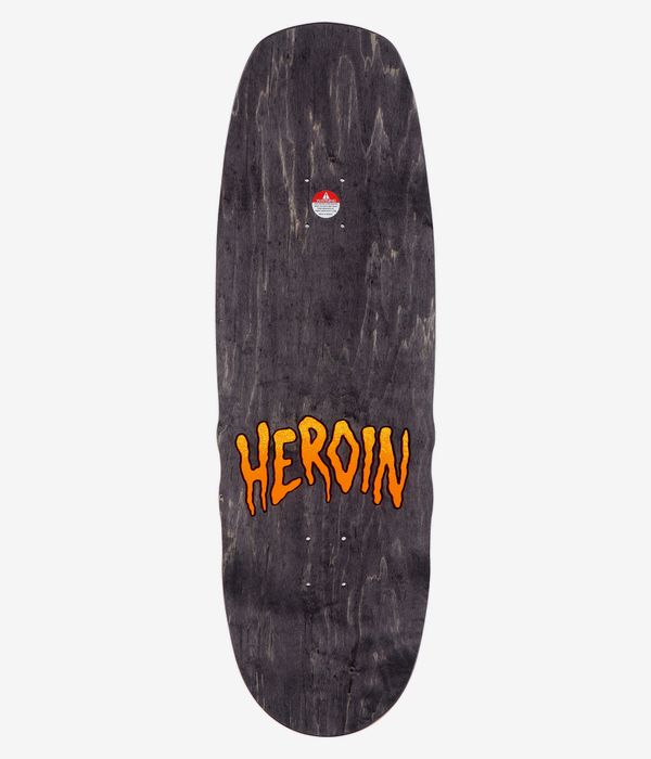 Heroin Skateboards Swampy Eyes 10" Skateboard Deck, full bottom view — black wood-grain deck with large dripping orange-yellow “HEROIN” typographic graphic centered mid-to-lower; clean studio image; white background