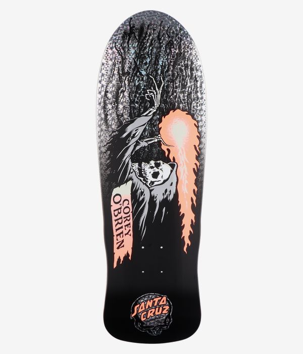 Planche de skateboard Santa Cruz O'Brien Reaper Reissue 9,85", vue de dessous complète — planche noire ornée d'un grand crâne blanc illustré coiffé d'une capuche, de flammes roses symbolisant l'énergie, du texte « Corey O'Brien » en vertical et du logo Santa Cruz ; image studio nette ; fond blanc