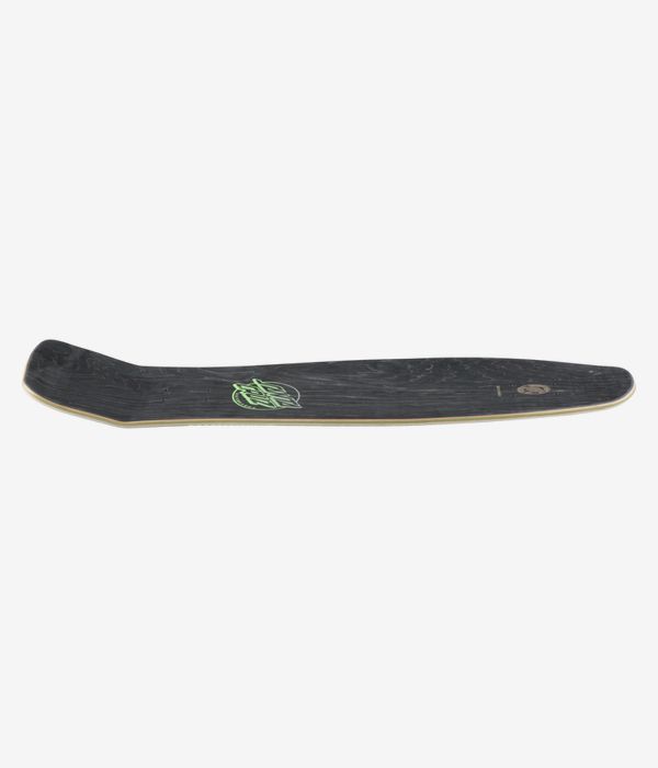 Santa Cruz Kendall End Of The World Reissue 10" skateboard deck, full-length profile view showing concave with upturned nose and tail; predominantly black surface with natural wood edge visible. Clean studio image; white background.