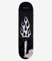 Tavola da skateboard Jacuzzi Berry Roll Up da 8,25", vista completa dal basso — tavola nera con grandi fiamme bianche stilizzate; immagine fotografica di una mano che regge una sigaretta arrotolata dai toni beige, azzurro e rosa; sono visibili le scritte “CASWELL BERRY” e “JACUZZI UNLIMITED”. Immagine pulita da studio; sfondo bianco.