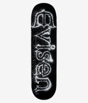 Planche de skateboard Evisen Drip Logo 4, 8,38 pouces, vue de dessous — planche noire avec, au centre, un motif abstrait vertical blanc moucheté représentant des coulures, ainsi qu'une petite inscription verticale blanche indiquant « Evisen Skateboards ». Image de studio nette ; fond blanc.