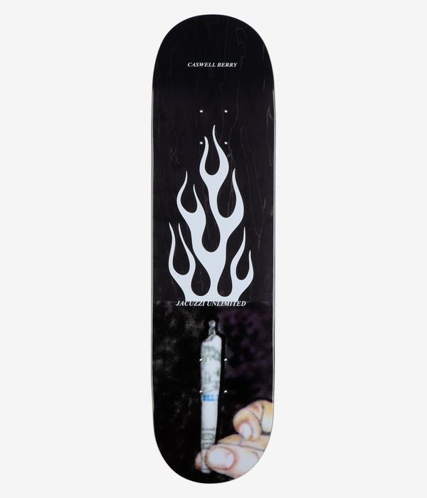 Tavola da skateboard Jacuzzi Berry Roll Up da 8,25", vista completa dal basso — tavola nera con grandi fiamme bianche stilizzate; immagine fotografica di una mano che regge una sigaretta arrotolata dai toni beige, azzurro e rosa; sono visibili le scritte “CASWELL BERRY” e “JACUZZI UNLIMITED”. Immagine pulita da studio; sfondo bianco.