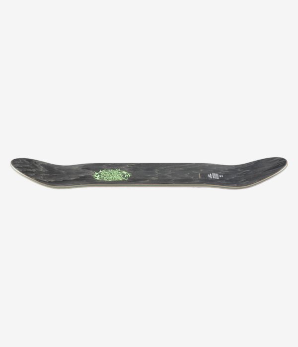 Santa Cruz Scribble Head FeelBase 8"-Skateboard-Deck, Profilansicht in voller Länge, die die Konkavität mit nach oben gebogener Nose und Tail zeigt; überwiegend schwarzes Deck mit kleiner grüner Grafik und sichtbarer Holzkante. Klares Studiobild; weißer Hintergrund.