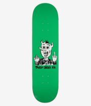 Polar Team Up Yours! Short 8.25" Skateboard Deck, full bottom view: solid bright green deck with large centered black-and-white cartoon monster flipping middle fingers and 'Polar Skate Co.' text beneath. Clean Studio image; white background