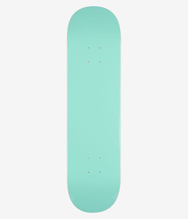 Fucking Awesome Iannucci Embossed Photo Shape #1 8" Skateboard Deck — full bottom view, solid turquoise/seafoam underside with visible truck screw holes; clean studio image; white background