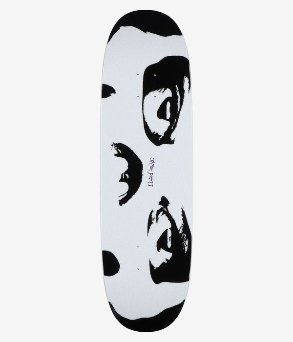 Polar Platt Skel Eyeball 8.85" Skateboard Deck full bottom view — white deck underside with bold black monochrome abstract shapes down center and small purple handwritten 'Jamie Platt'. Clean studio image; white background