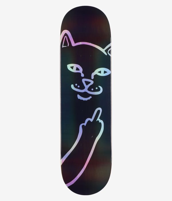 Planche de skateboard RIPNDIP Lord Nermal 8,5 pouces, vue de dessous complète : planche noire ornée, au centre, d’un grand contour irisé de style bande dessinée représentant un visage de chat et un bras faisant un doigt d’honneur. Image studio nette ; fond blanc.
