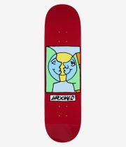 Krooked Moonsmile Easy Rider 8,25"-Skateboard-Deck, Ansicht von unten: einheitlich rote Deckunterseite mit einem mittig angeordneten Cartoon-Motiv, das zwei spiegelbildlich angeordnete hellblaue, lächelnde Gesichter zeigt, sowie grüne und orangefarbene Akzente und ein weißes „Krooked“-Logo in einem Rahmen. Klares Studiobild; weißer Hintergrund
