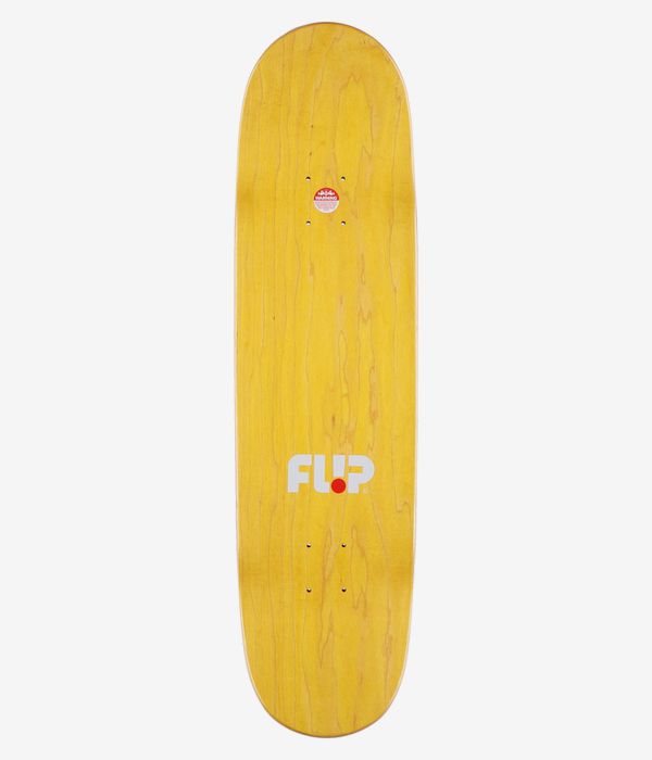 Flip Gate Logo 8,5-Zoll-Skateboard-Deck, Ansicht von oben: holzgelbes Deck mit sichtbarer Holzmaserung, zentrierter weißer „Flip“-Schriftzug mit kleinem rotem kreisförmigem Akzent und rotem Aufkleber im oberen Bereich. Klares Studiobild; weißer Hintergrund.
