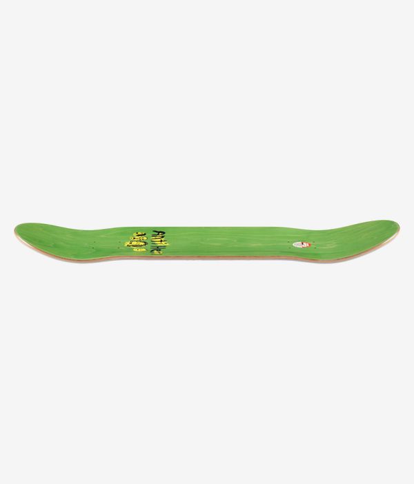 Anti Hero Daan Expressions 8.28" Skateboard Deck — full-length profile view showing concave with upturned nose and tail, bright green painted deck surface, natural beige wood edge and small red circular logo near tail. Clean Studio image; white background.