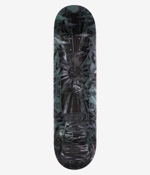 Real Mason Black Sunday Cathedral 8.25" Skateboard Deck, full bottom view – black deck with stained-glass style illustrated graphic: central sun motif, desaturated green leaves, grey stone textures, faint 'Real' logo. Clean Studio image; white background.