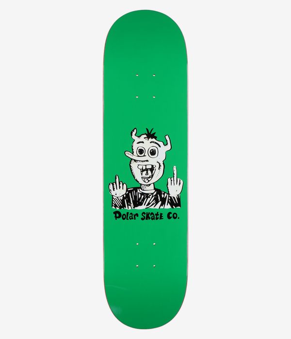 Polar Team Up Yours! Short 8.25" Skateboard Deck, full bottom view: solid bright green deck with large centered black-and-white cartoon monster flipping middle fingers and 'Polar Skate Co.' text beneath. Clean Studio image; white background