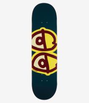 Planche de skateboard Krooked Team Eyes 8,25 pouces, vue de dessous complète — planche vert foncé ornée de deux yeux jaunes de style cartoon superposés, soulignés de formes intérieures bordeaux et crème ; petit logo « Krooked » visible. Image studio nette ; fond blanc