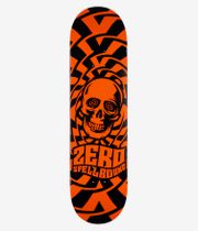 Zero Spellbound 30 Years Reissue 8,25"-Skateboard-Deck, Ansicht von unten: leuchtend orangefarbenes Deck mit großem, stilisiertem schwarzem Totenkopf, auffälliger „ZERO“/„SPELLBOUND“-Schriftzug und radialen schwarzen geometrischen Formen. Klare Studioaufnahme; weißer Hintergrund